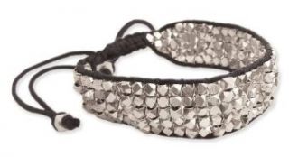 Facet Silver Metal Bead Black Cord Pull Tie Bracelet