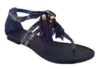 Flat Sandals with Bead Tassels, faux navy python skin, 7 M Shoes