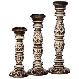 Rustic Wooden Candle Holders (Set of 3) (India)