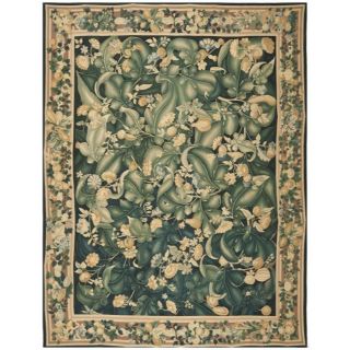Hand knotted French Aubusson Green/ Taupe Wool Rug (8 x 10