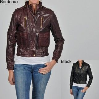 Knoles & Carter Womens Plus Size Leather Smocked Waist Cropped Jacket