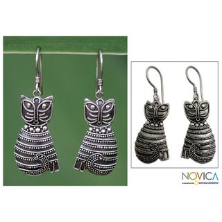 Sterling Silver Balinese Cat Earrings (Indonesia)