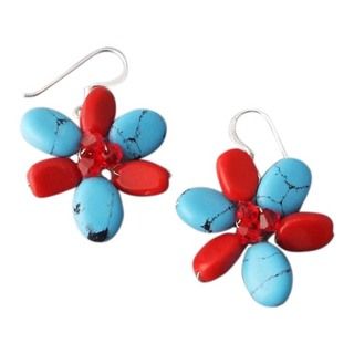 Sterling Silver Turquoise and Coral Flower Earrings (Thailand