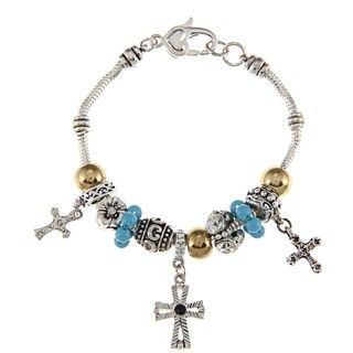 La Preciosa Silvertone Gold and Blue Bead Cross Charm Bracelet
