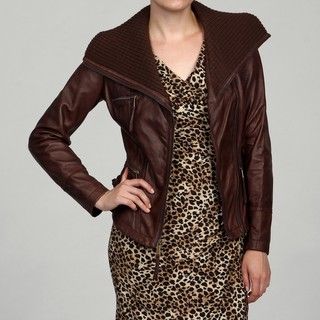 MICHAEL Michael Kors Womens Chocolate Leather Knit Collar Jacket