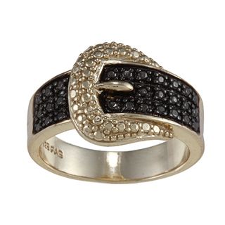 18k Yellow Gold Over Silver Black Diamond Accent Buckle Ring