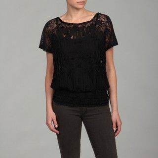Cupio Womens Black Lace Cinched Short sleeve Top