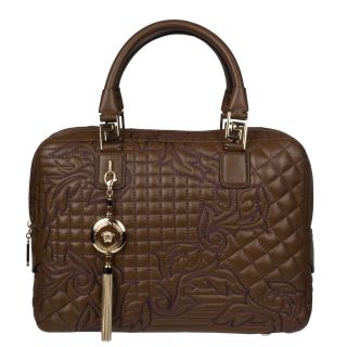 Versace Brown Embroidered Leather Satchel