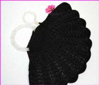 Vintage 1940s Black Crochet Fan Shape Handbag with Lucite