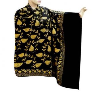 Black Wool Shawl With All Over Embroidered Flowers