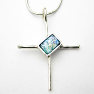 Sterling Silver Ancient Roman Glass Cross Pendant (Israel)