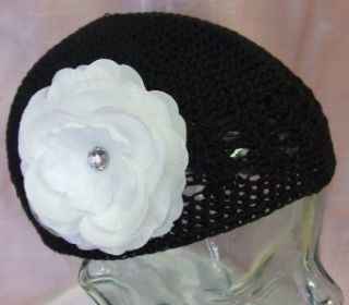 Olivia Crochet Baby Hat (Black Hat/White Flower): Clothing