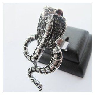 Silver Tone Ring with King Cobra with Beautiful Black Synthetic Gem