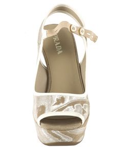 Prada White/ Brown Canvas Peep Toe Wedge Sandals