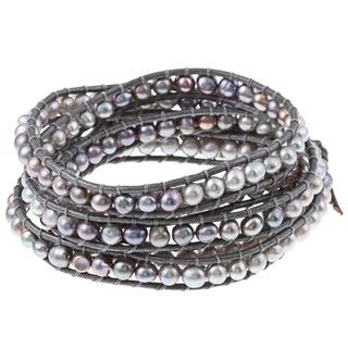 Faux Grey Pearl and Grey Leather Wrap Bracelet