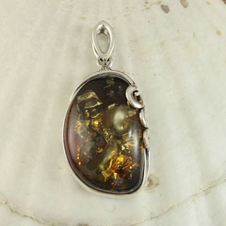 Sterling Silver Cognac Baltic Amber Swirly Vine Pendant (Lithuania