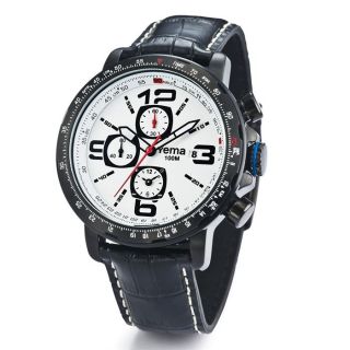 Montre chronographe en acier inoxydable noir sur bracelet en cuir noir