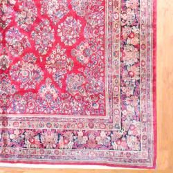 1920s Antique Persian Hand knotted Sarouk Red/ Navy Wool Rug (10 x 19