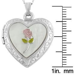 Rhodium plated Silver Mother of Pearl Heart & Rose Locket Necklace
