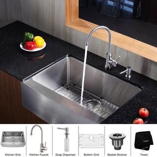Kraus Stainless Steel Farmhouse Kitchen Sink, Faucet and Dispenser