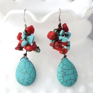 Turquoise and Coral Dangling Teardrop Earrings (Thailand)