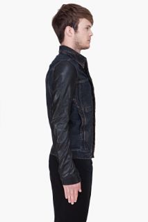 Rick Owens DRKSHDW Dark Blue Leather Sleeve Denim Jacket for men
