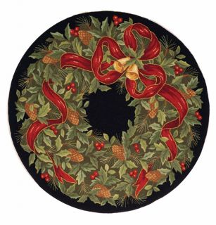 Handmade Holiday Wreath Wool Rug (5 Round)