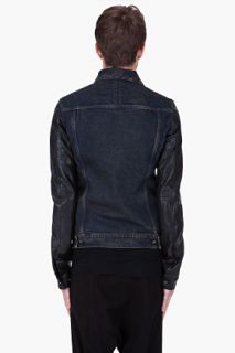 Rick Owens DRKSHDW Dark Blue Leather Sleeve Denim Jacket for men