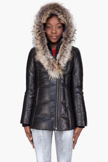 Mackage Black Leather Fur trimmed Ingrid b Coat for women