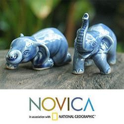 Set of 2 Ceramic Playful Blue Elephants Sculptures (Thailand) Today