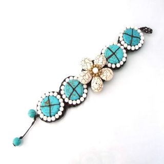 White Blue Blossom Turquoise Floral Stone Cotton Rope Bracelet