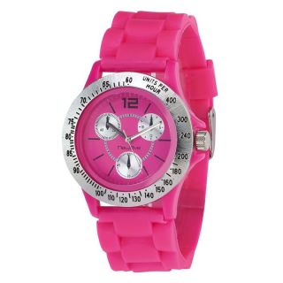Montre en silicone sur bracelet de coloris rose fushia. Cadran rose