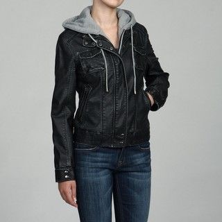 Collezione Womens Black Faux Leather Zip out Fleece Hoodie Jacket