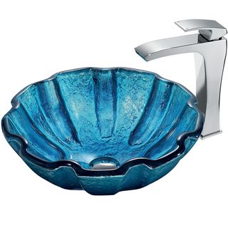 Mediterranean Seashell Vessel Sink in Blue with Brushed Nickel Faucet