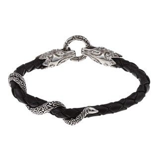 Stainless Steel and Black Leather Mens Dragon Head and Snake Bracelet