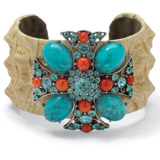 Lillith Star Goldtone Turquoise, Coral and Crystal Cross Cuff Bracelet