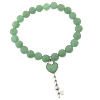 Sterling Silver Green Jade Heart Key Stretch Bracelet