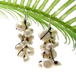 Cluster Freshwater White Pearl Drop Silver Earrings (Thailand