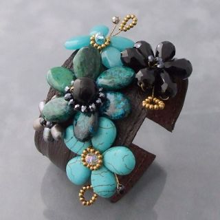 Turquoise and Malachite Floral Blossom Leather Cuff Bracelet (Thailand